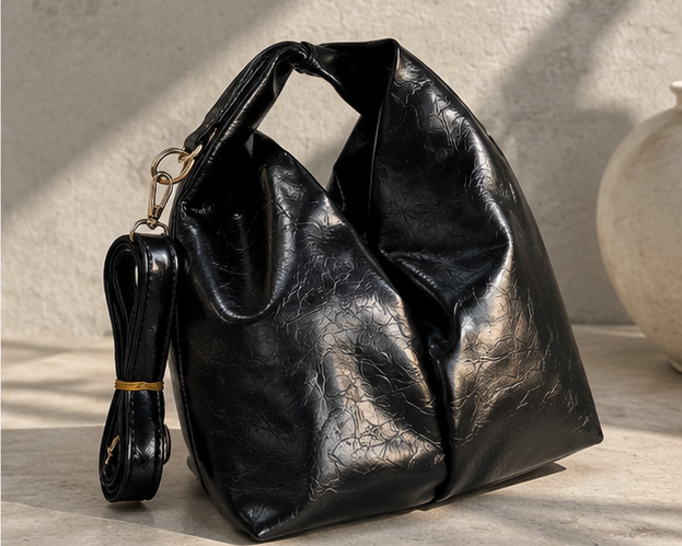 Black textured faux leather slouchy shoulder bag with a detachable strap and gold-tone hardware, shown on a light stone surface with soft shadows.